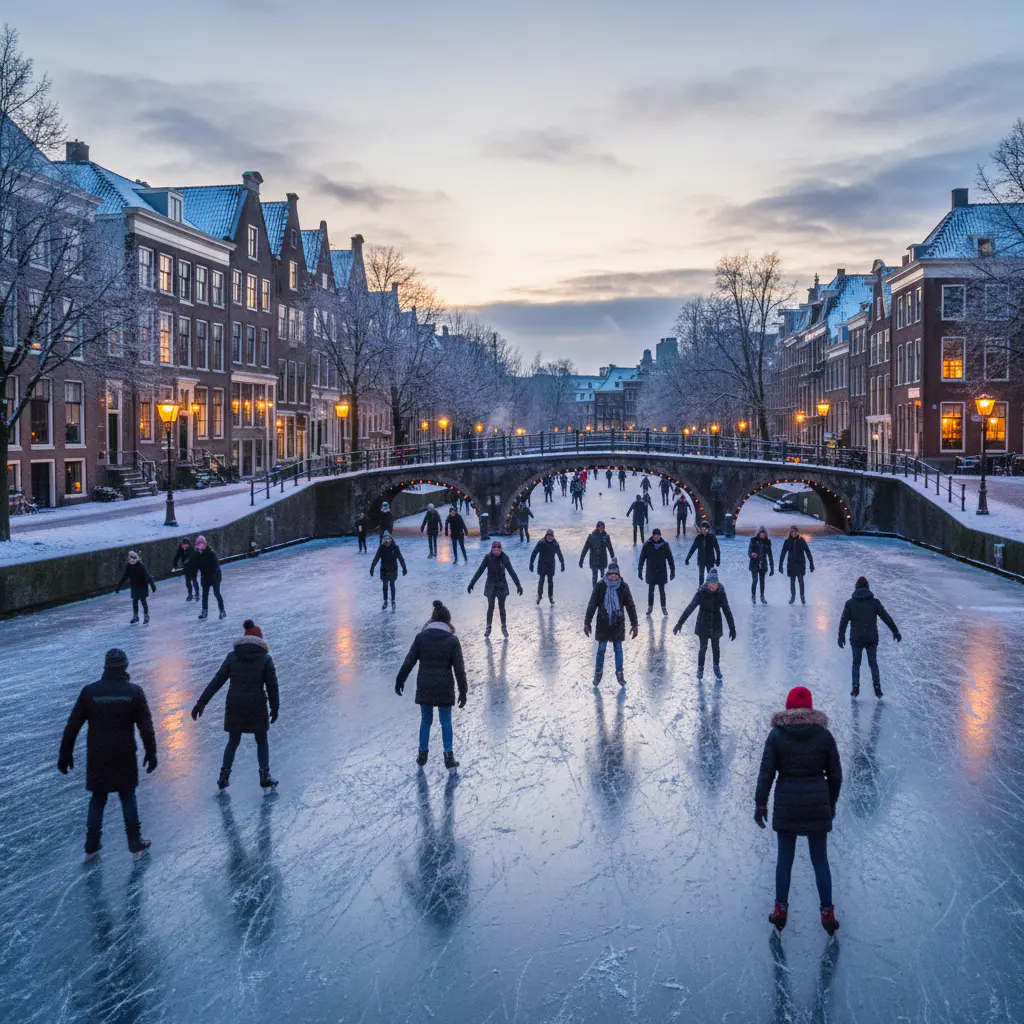 Schaatsen op bevroren gracht